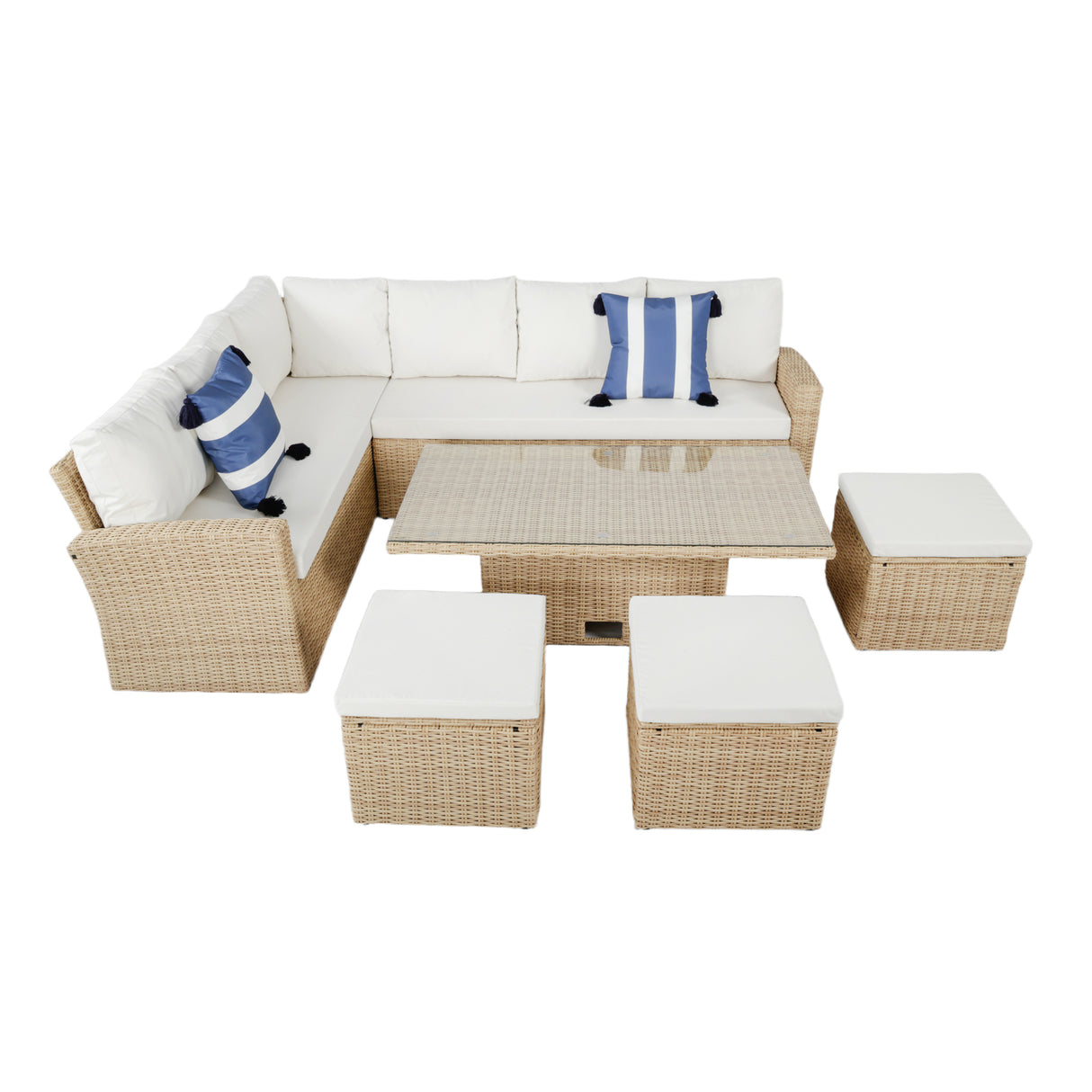 Pelias Rattan Garden Corner 8 Seater Outdoor Sofa Dining Set with Rising Table - Natural/Brown