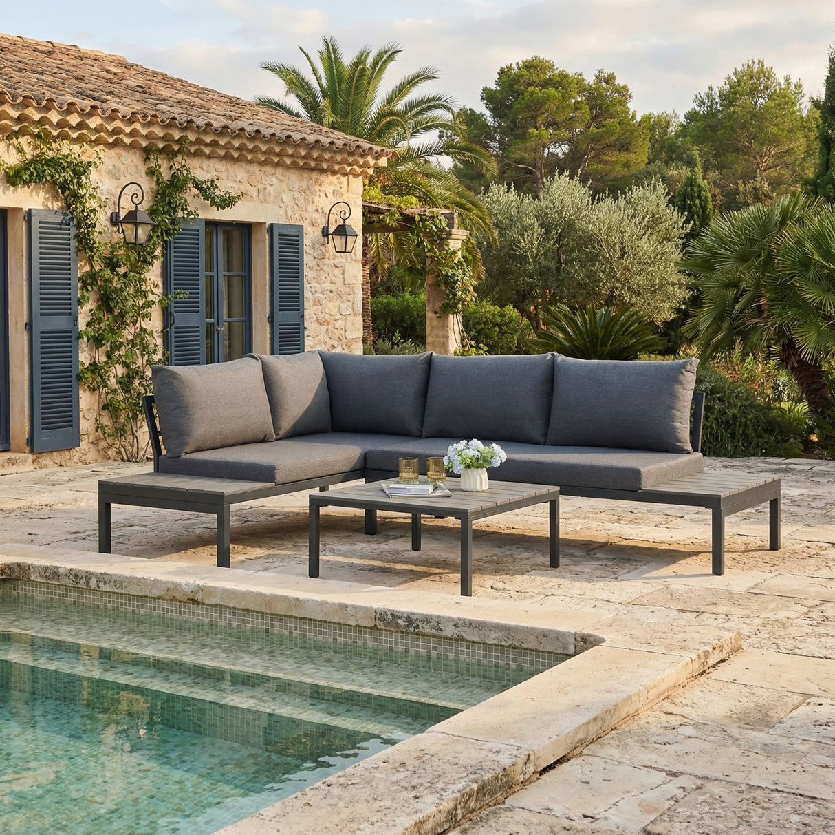 Rhea Platform Corner Sofa – 4-Seater Garden Lounge Set with Table