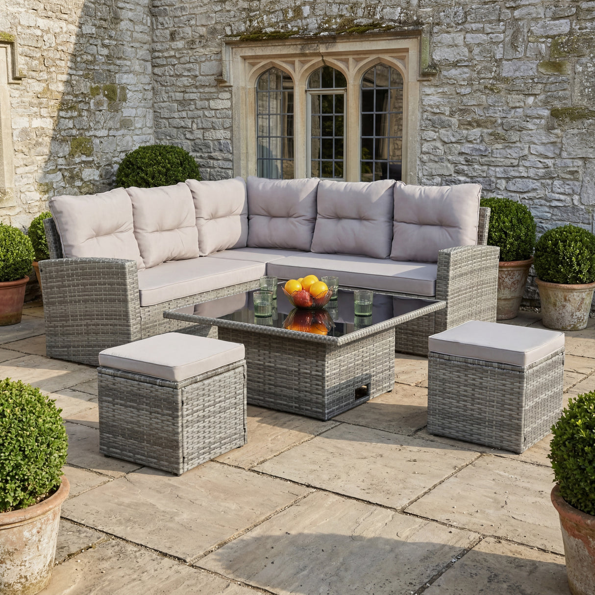 St. Tropez - Garden Corner Sofa with Rising Table - Grey Rattan - 6 Seats