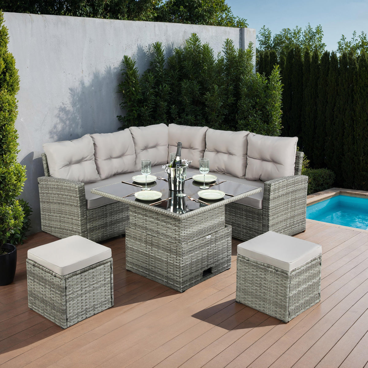 St. Tropez - Garden Corner Sofa with Rising Table - Grey Rattan - 6 Se ...