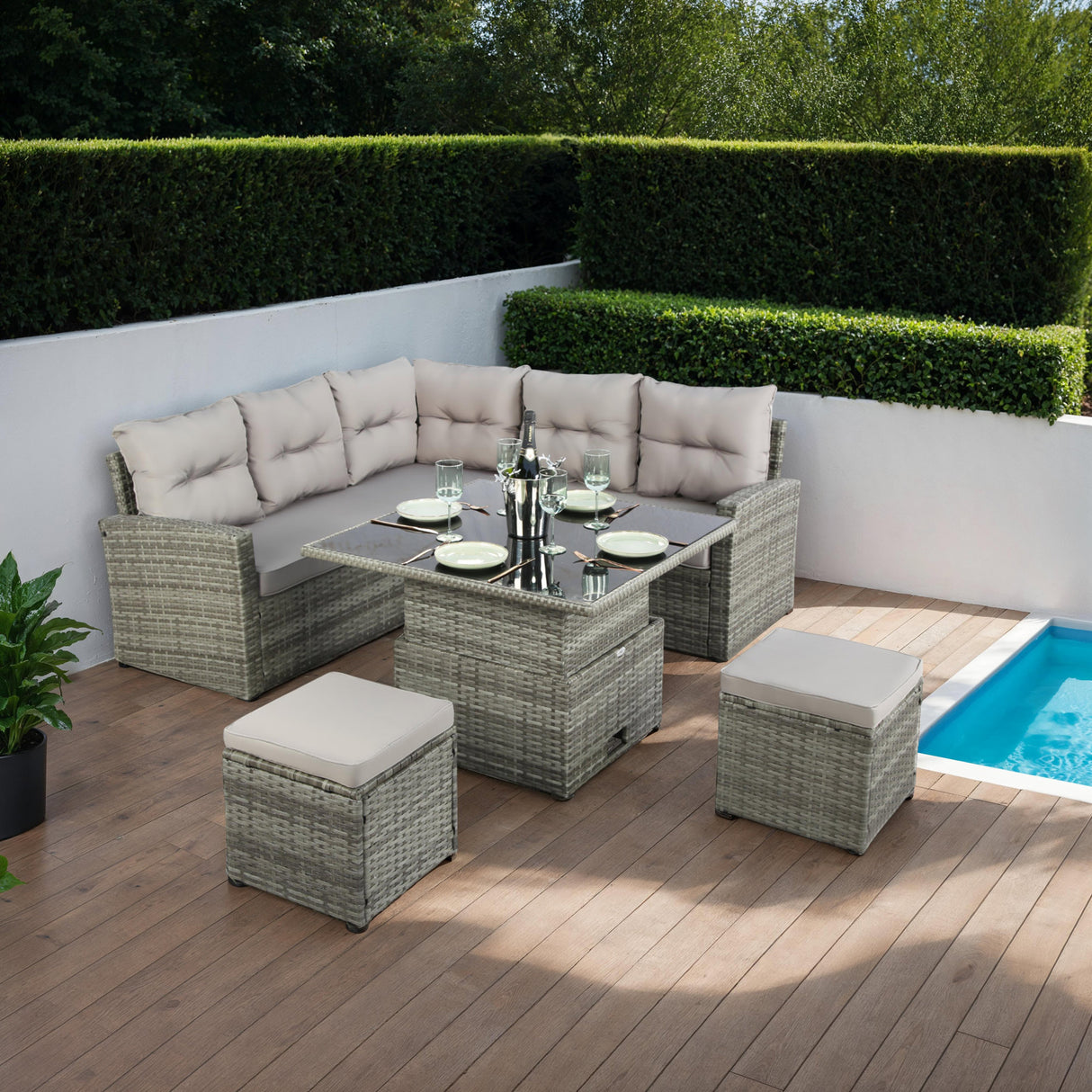 St. Tropez - Garden Corner Sofa with Rising Table - Grey Rattan - 6 Seats