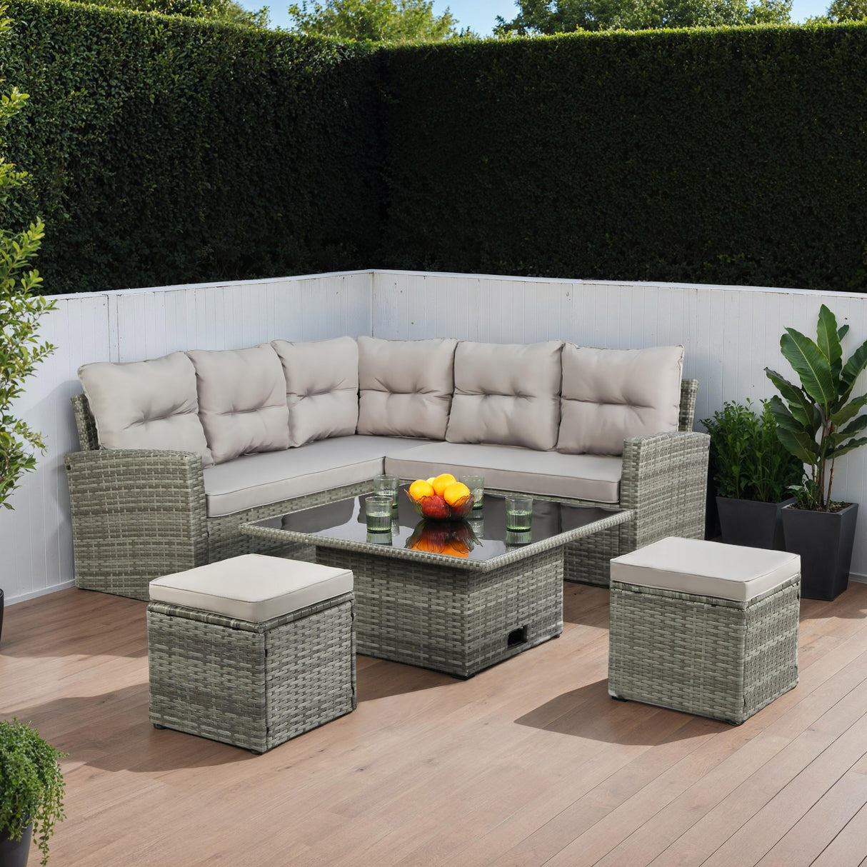St. Tropez - Garden Corner Sofa with Rising Table - Grey Rattan - 6 Seats