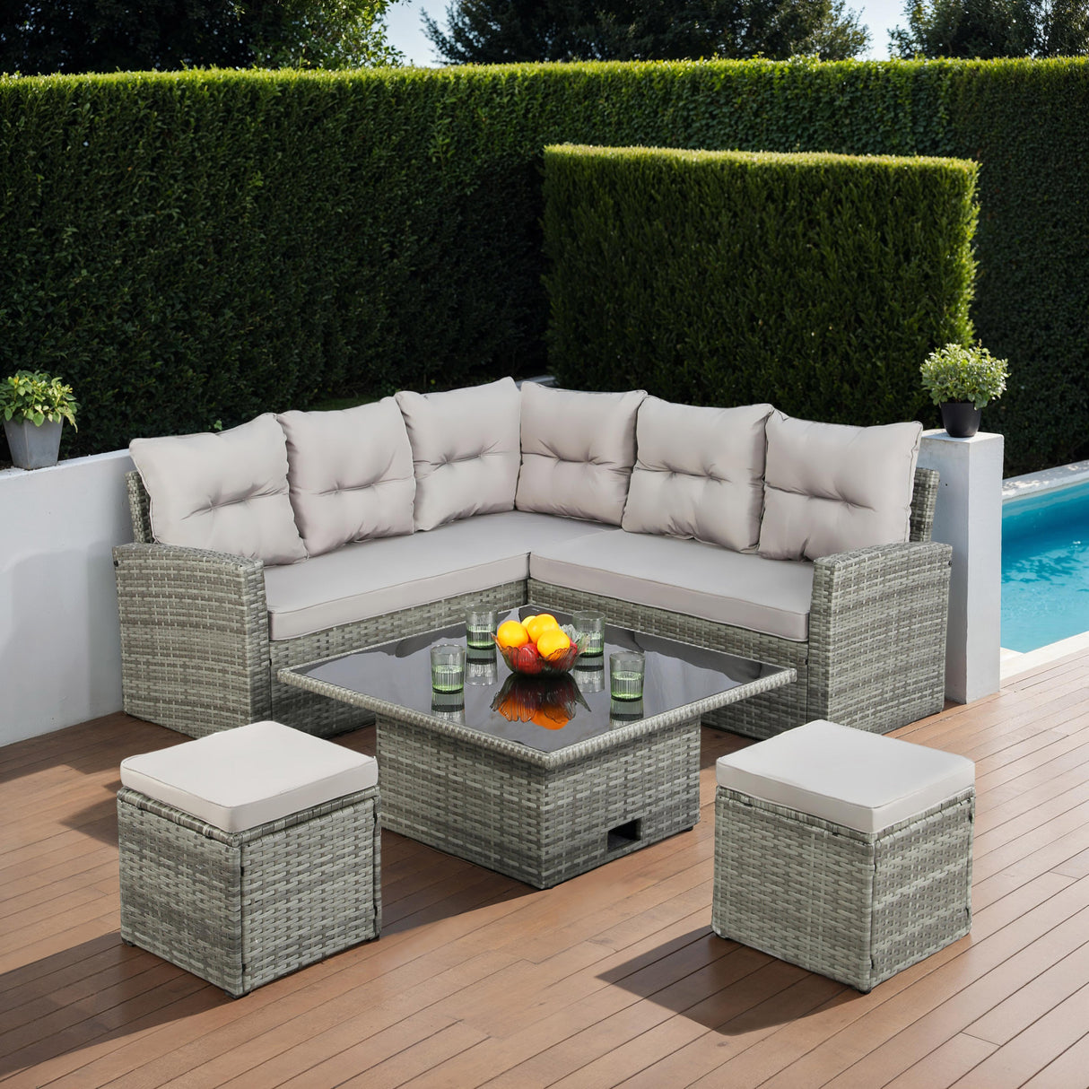 St. Tropez - Garden Corner Sofa with Rising Table - Grey Rattan - 6 Seats