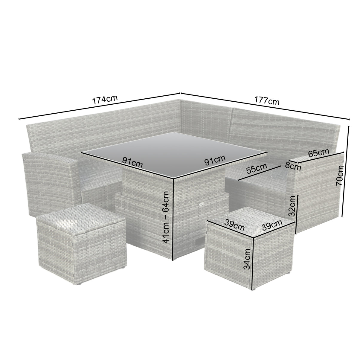 St. Tropez - Garden Corner Sofa with Rising Table - Grey Rattan - 6 Seats