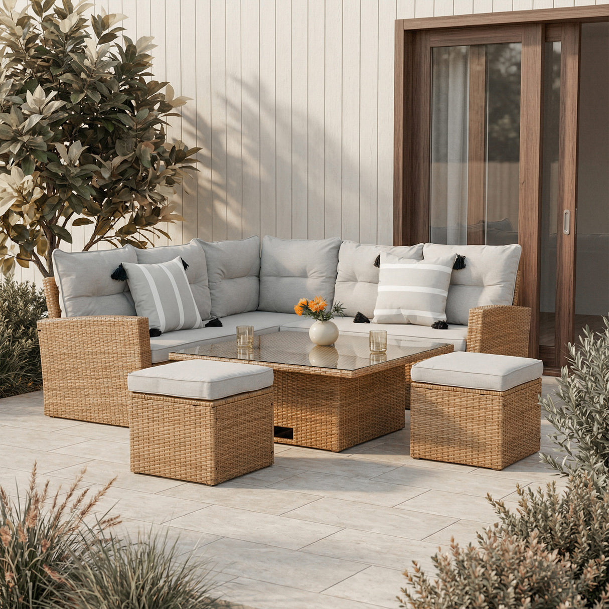 Outdoor patio set with wicker furniture and cushions on a stone patio. Brown with grey cushions