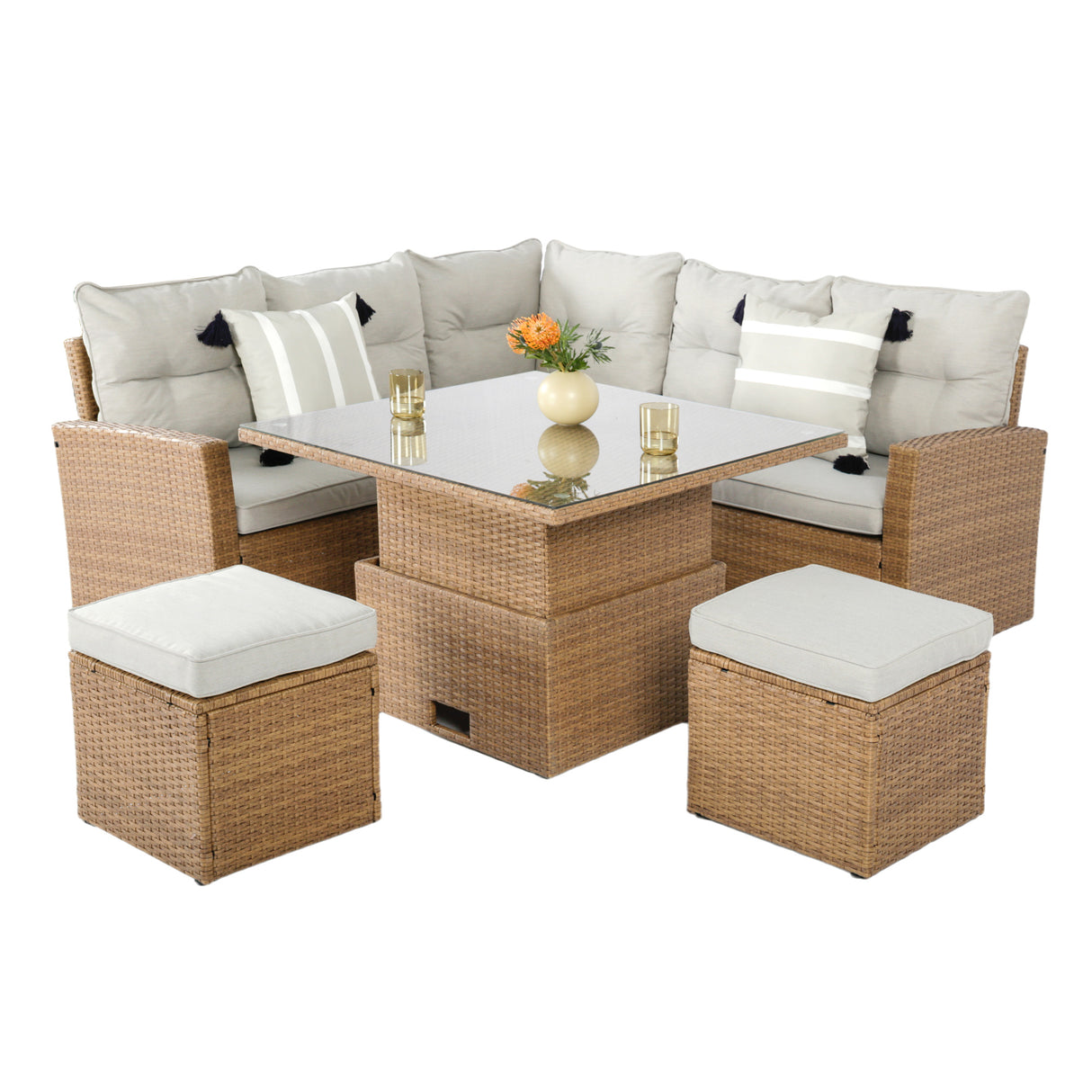 Outdoor patio furniture set with wicker chairs, table, and ottomans on a white background. Brown with grey cushions