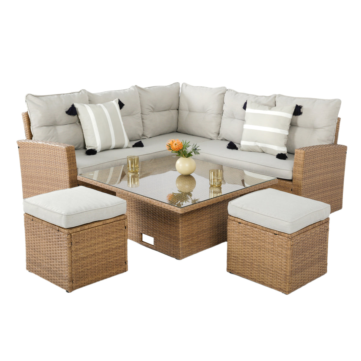 Wicker outdoor furniture set with cushions on a white background. Brown with grey cushions