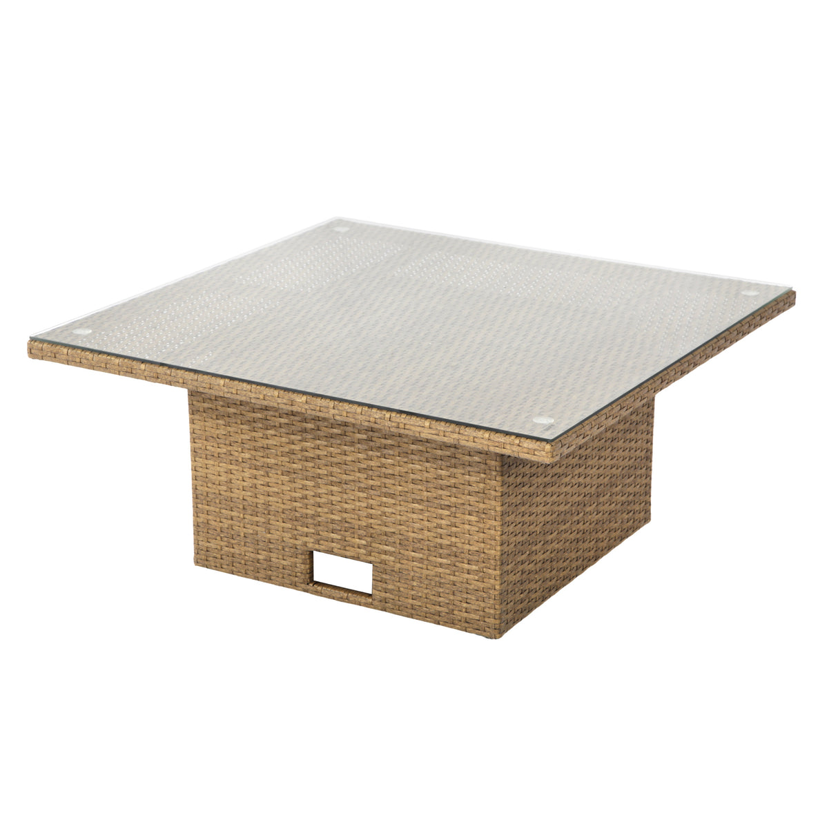 Square outdoor table with wicker frame and glass top on a white background. Brown rattan