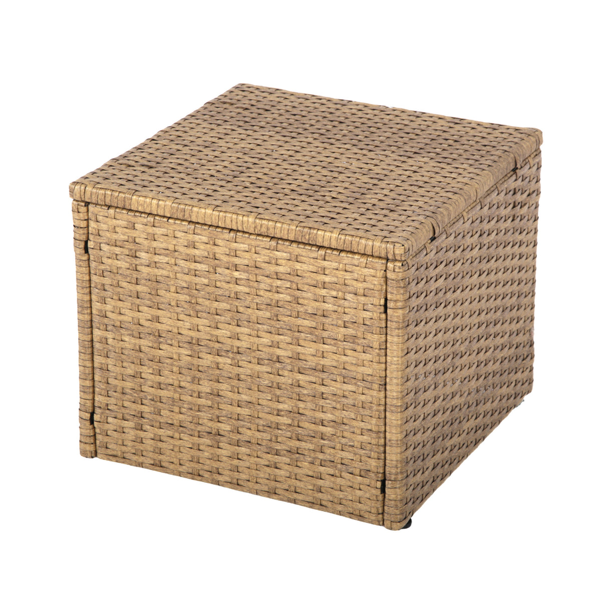 Woven storage ottoman with a lid on a white background. Brown rattan