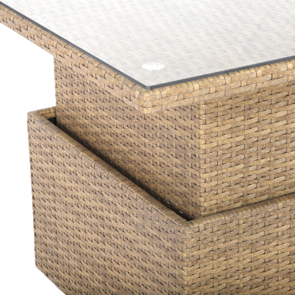 Wicker outdoor coffee table with glass top on a white background. Brown rattan