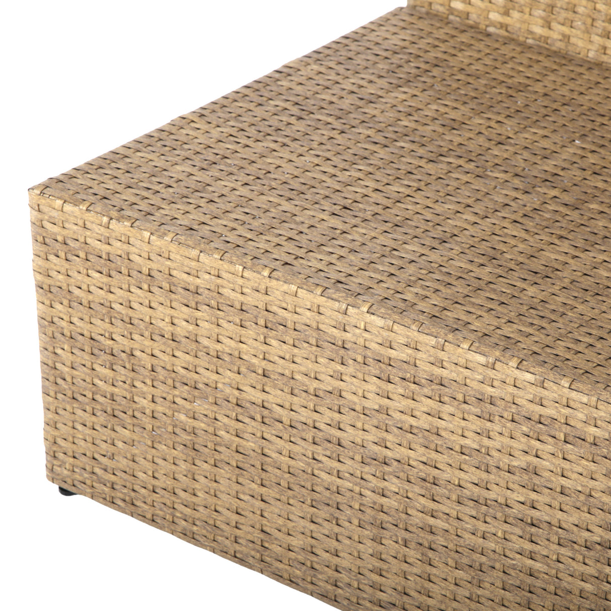 Close-up of a woven wicker chair corner on a white background. Brown rattan