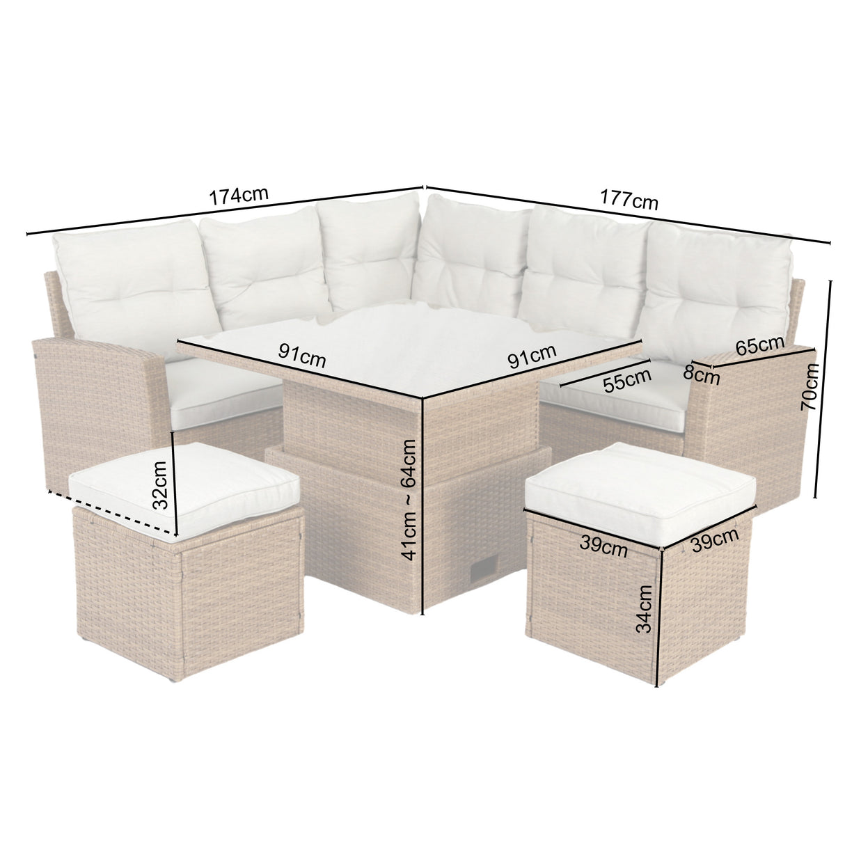 Outdoor furniture set with dimensions on a white background. Brown Rattan