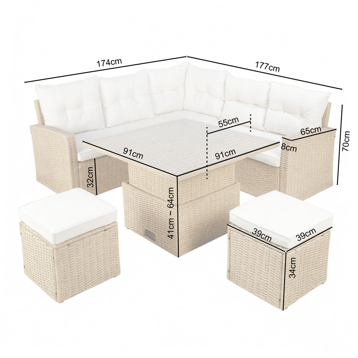 St. Tropez - Garden Corner Sofa with Rising Table - Brown/Natural - 6 Seats