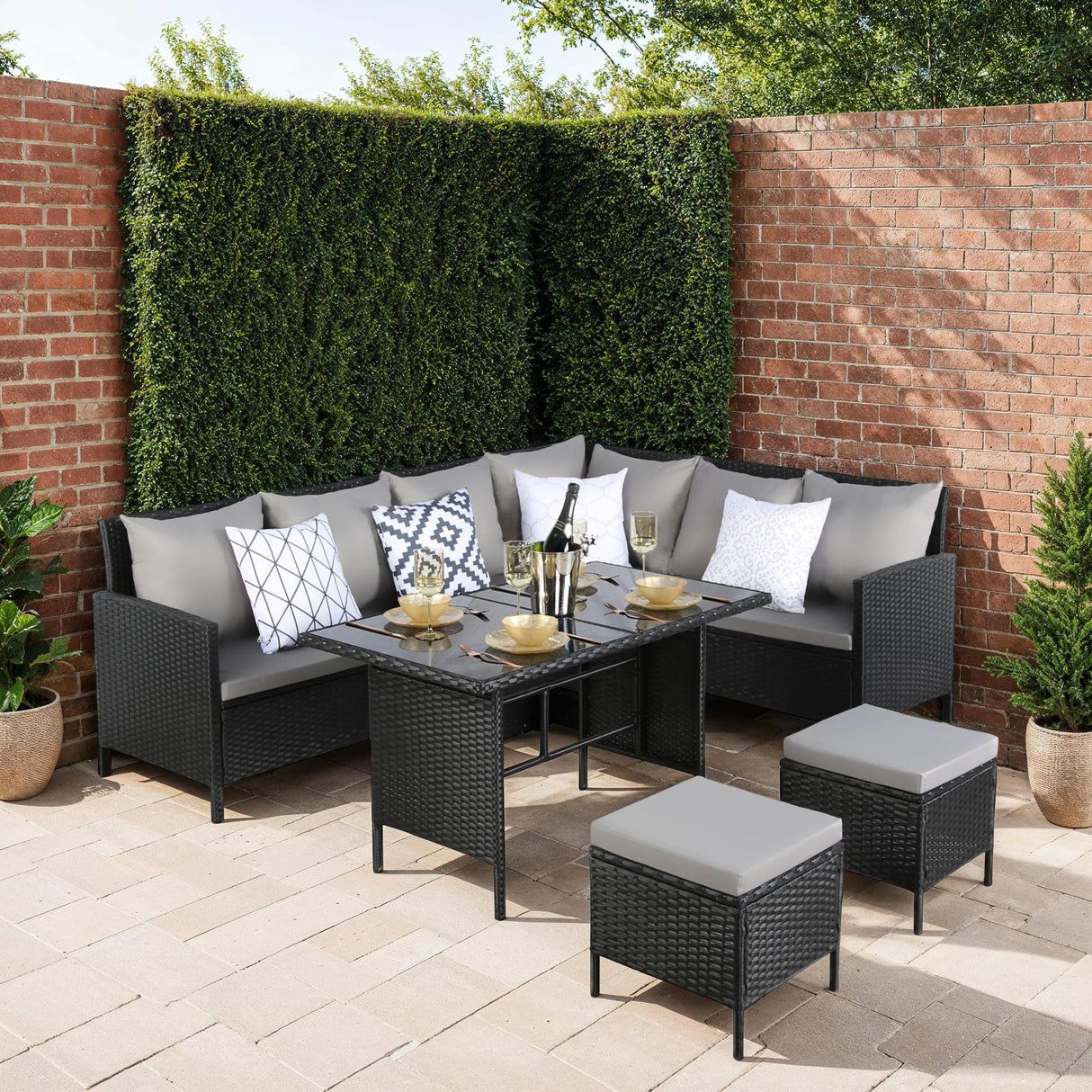 Thalia Rattan 8-Seater Corner Dining Sofa with Plywood or Glass Table