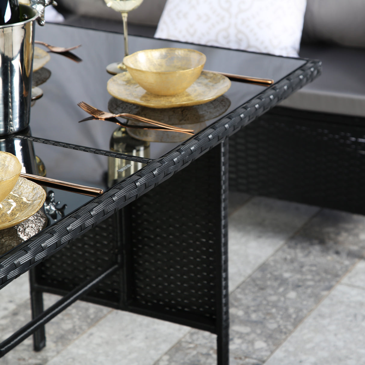 Thalia Rattan 8-Seater Corner Dining Sofa with Glass Table