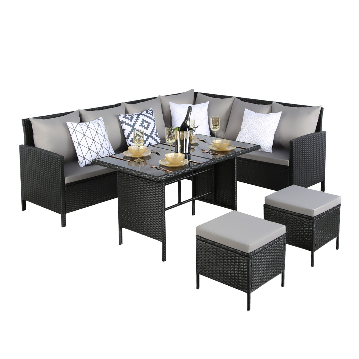 Thalia Rattan 8-Seater Corner Dining Sofa with Glass Table