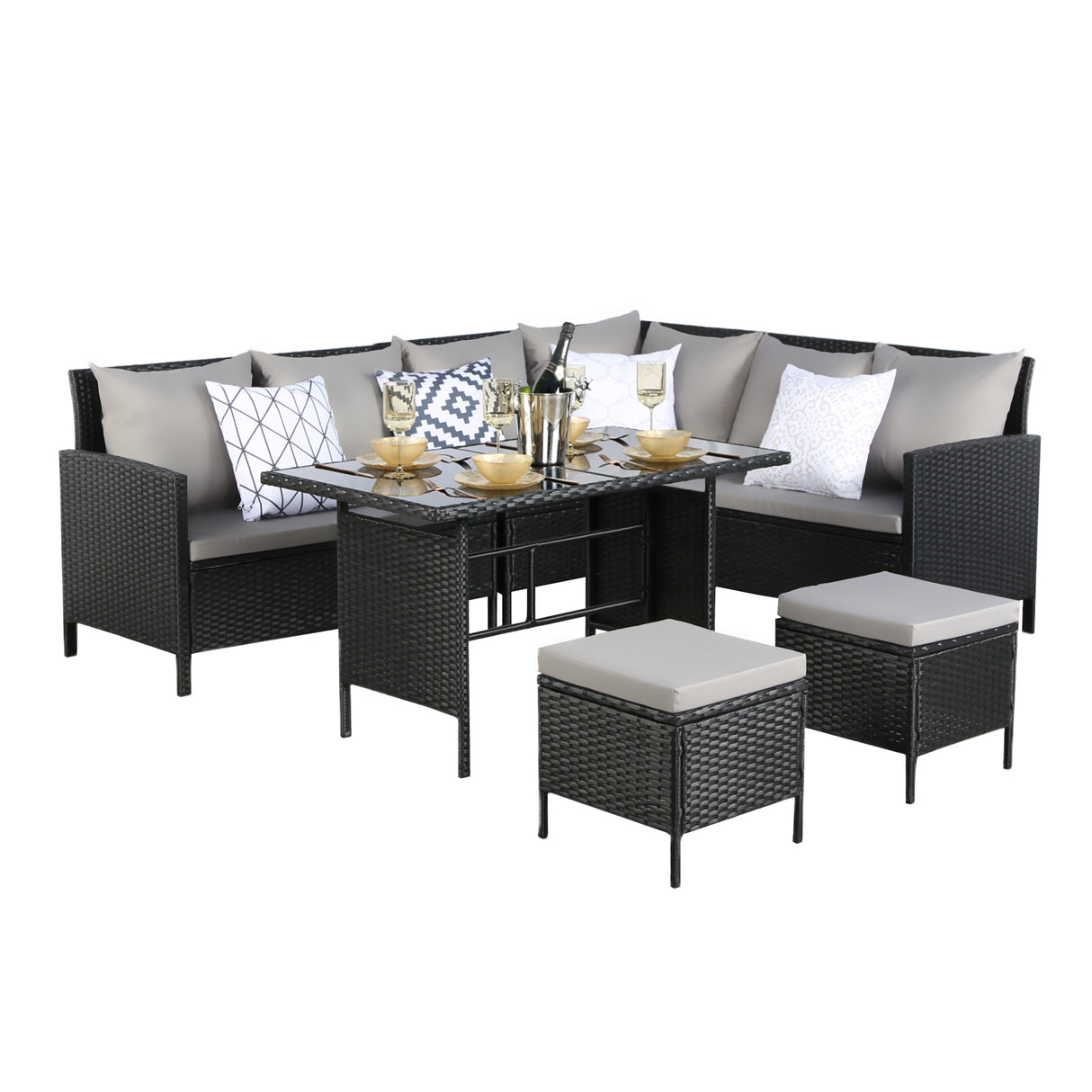 Thalia Rattan 8-Seater Corner Dining Sofa with Glass Table