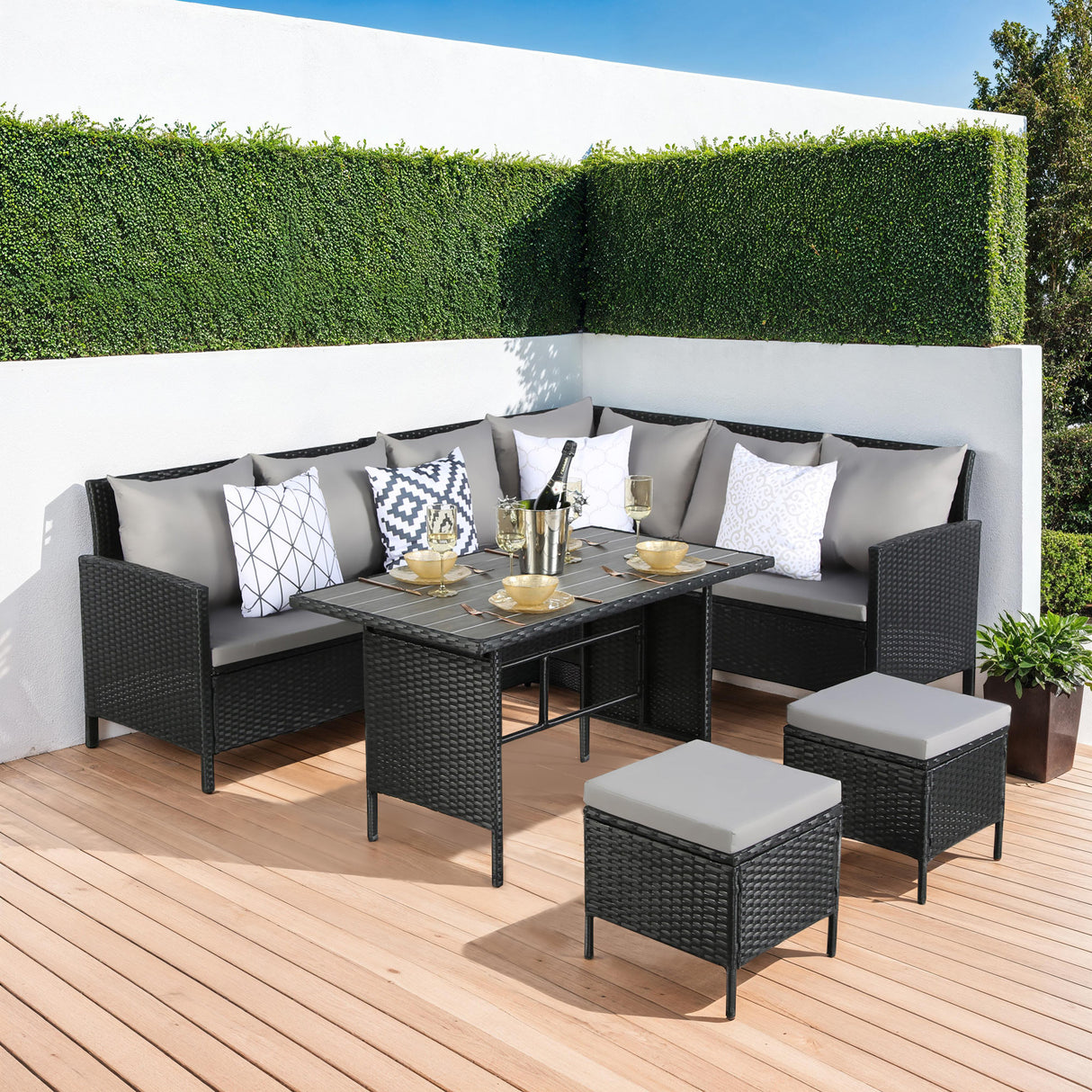 Thalia Rattan 8-Seater Corner Dining Sofa with Plywood or Glass Table