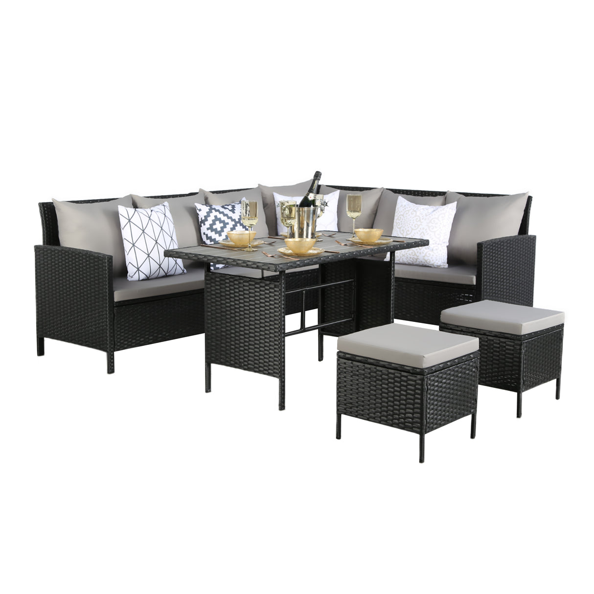 Thalia Rattan 8-Seater Corner Dining Sofa with Plywood or Glass Table