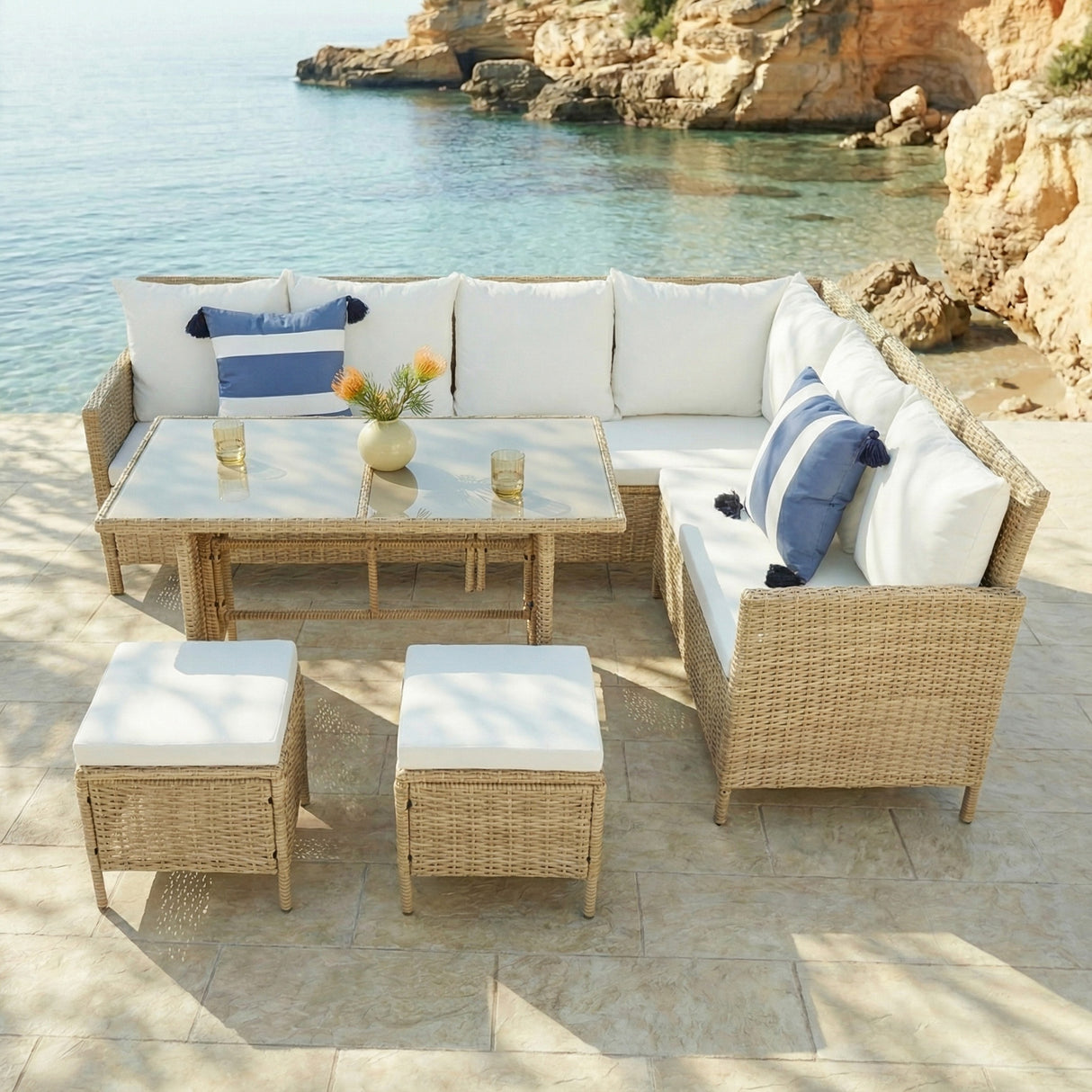 Thalia Rattan Garden Corner 8 Seater Outdoor Dining Sofa Set with Glass Table - Natural