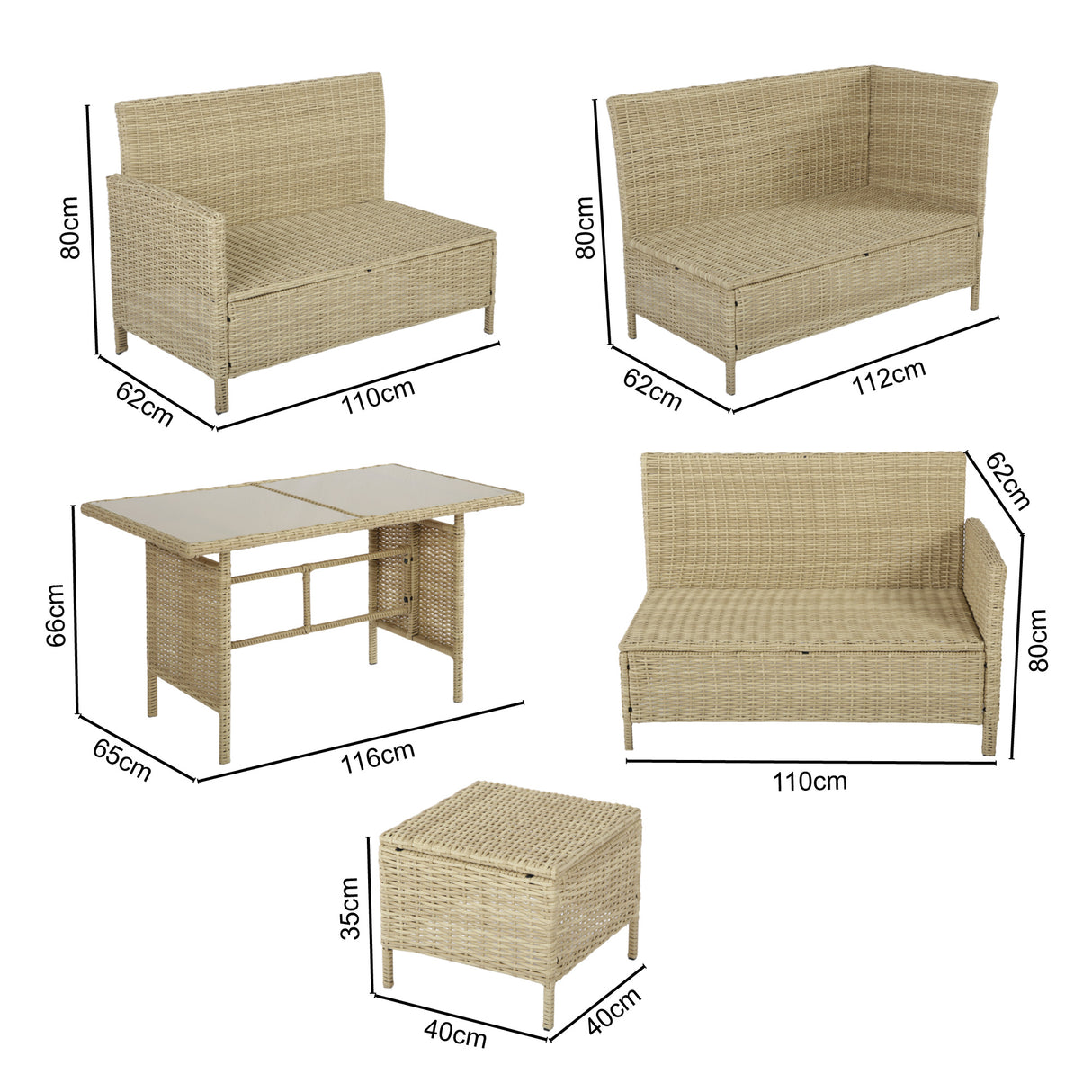 Dimensions of outdoor furniture set including sofas, table, and ottoman on a white background