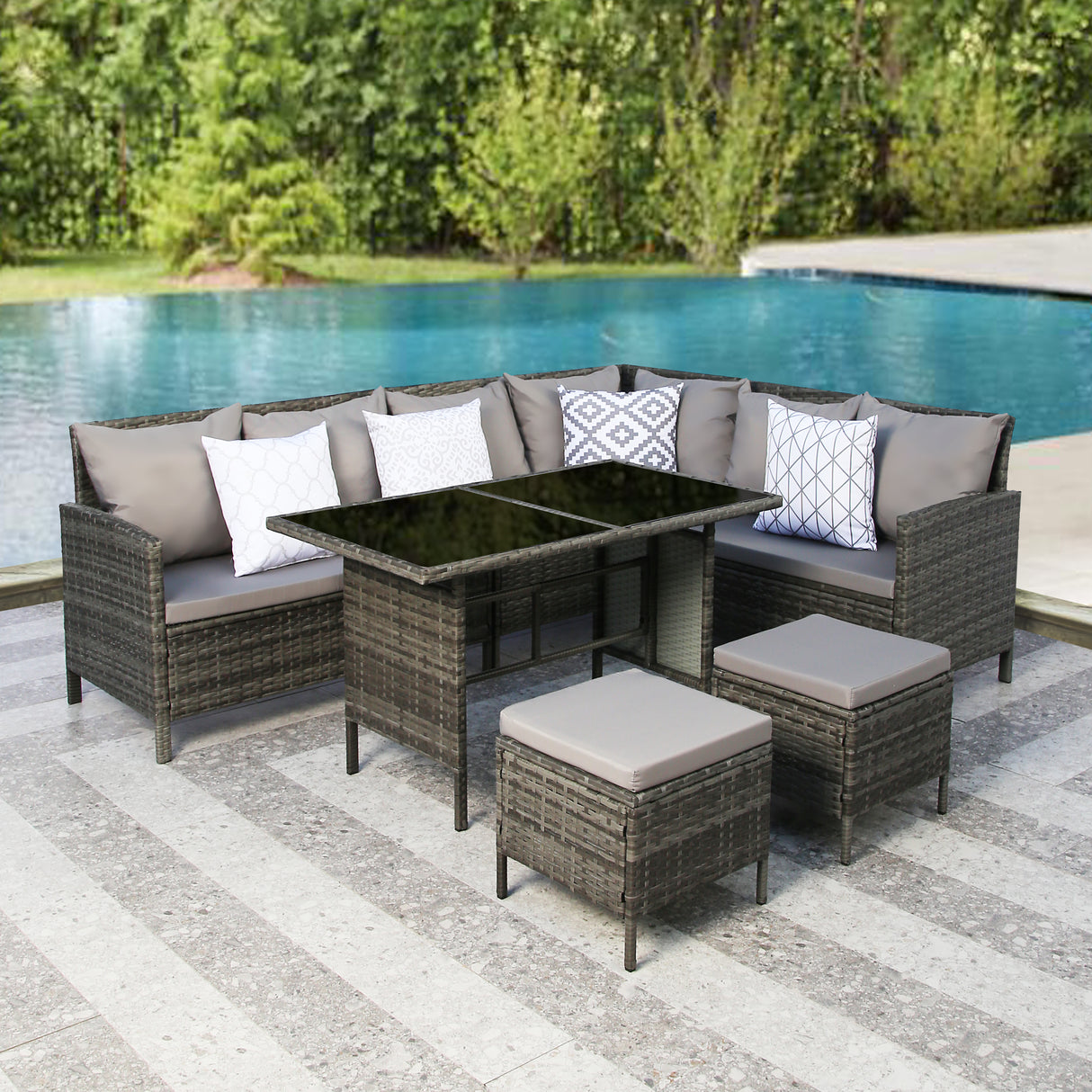 Thalia - Garden Corner Sofa Set with Cushions - 9 Seater Rattan Dining Set. Grey with grey cushions