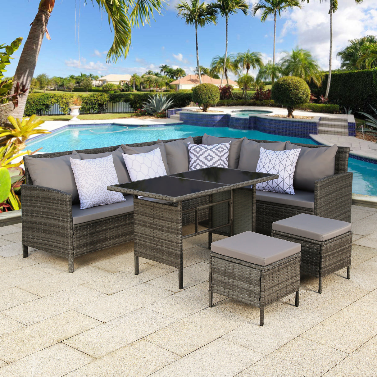 Thalia - Garden Corner Sofa Set with Cushions - 9 Seater Rattan Dining Set. Grey with grey cushions