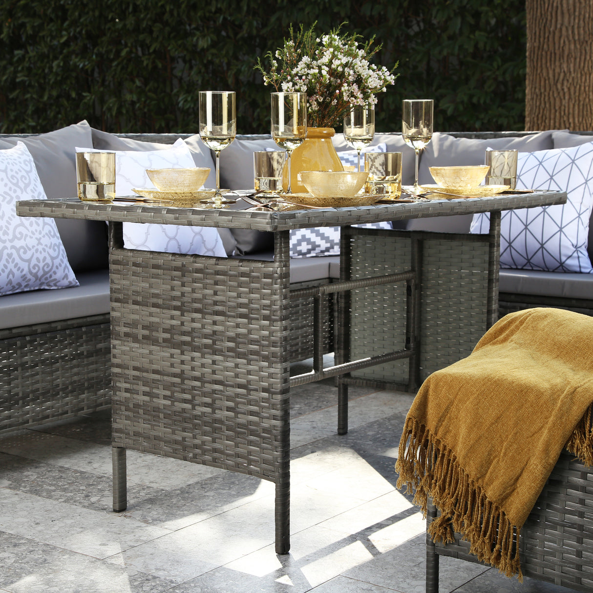 Thalia - Garden Corner Sofa Set with Cushions - 9 Seater Rattan Dining Set. Grey with grey cushions