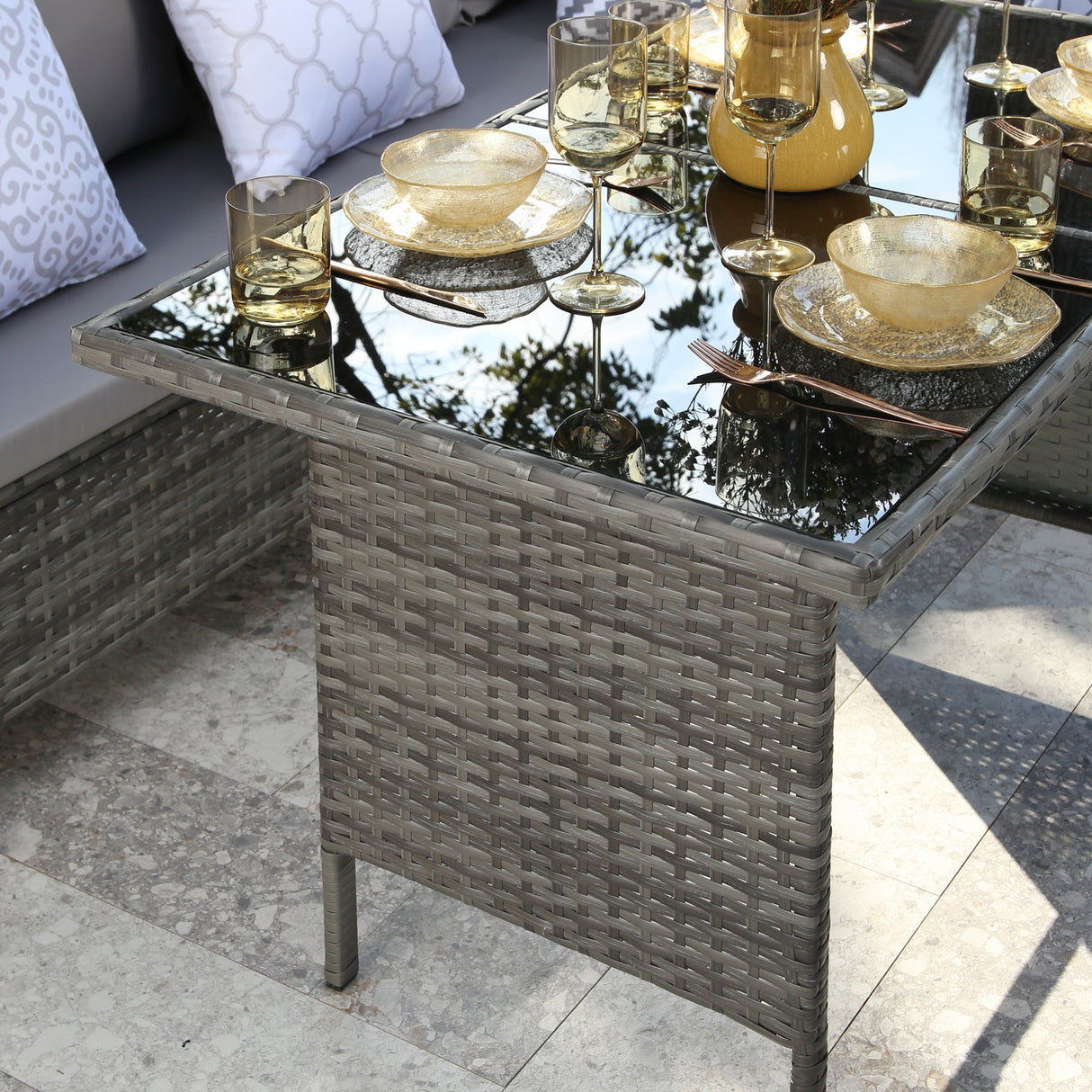 Thalia - Garden Corner Sofa Set with Cushions - 9 Seater Rattan Dining Set. Grey with grey cushions