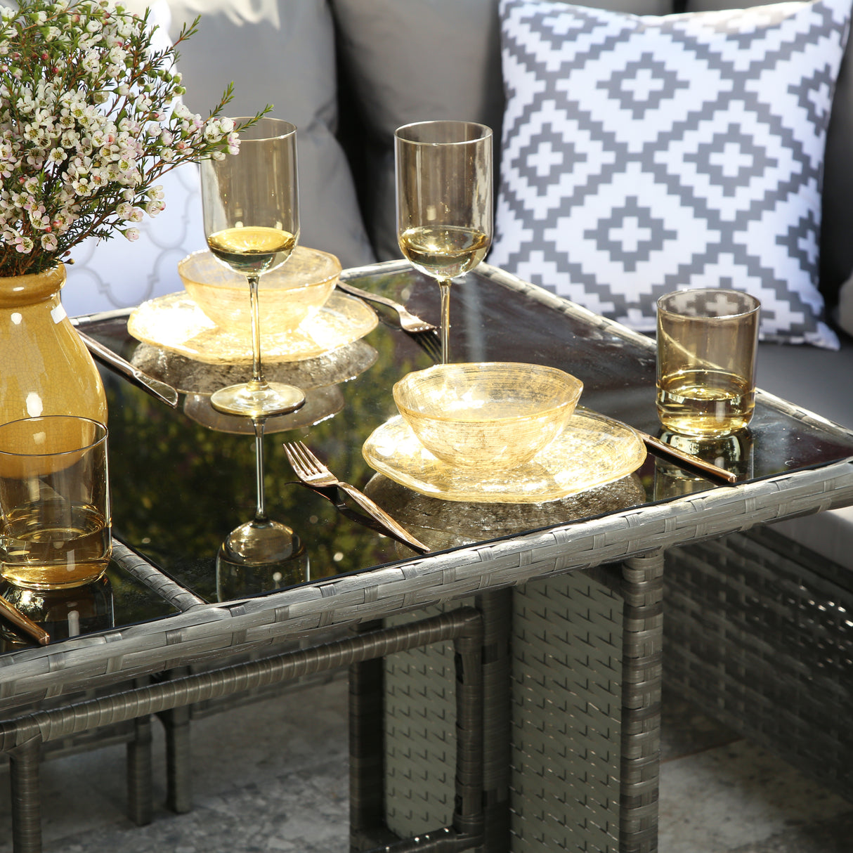 Thalia - Garden Corner Sofa Set with Cushions - 9 Seater Rattan Dining Set. Grey with grey cushions