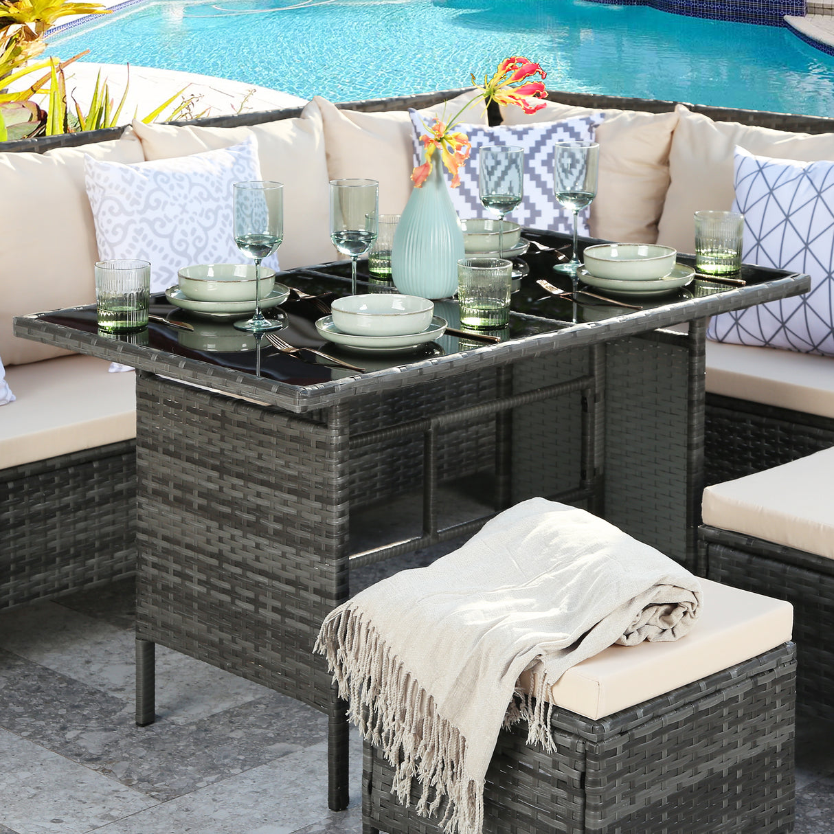 Thalia - Garden Corner Sofa Set with Cushions - 9 Seater Rattan Dining Set. Grey with beige cushions