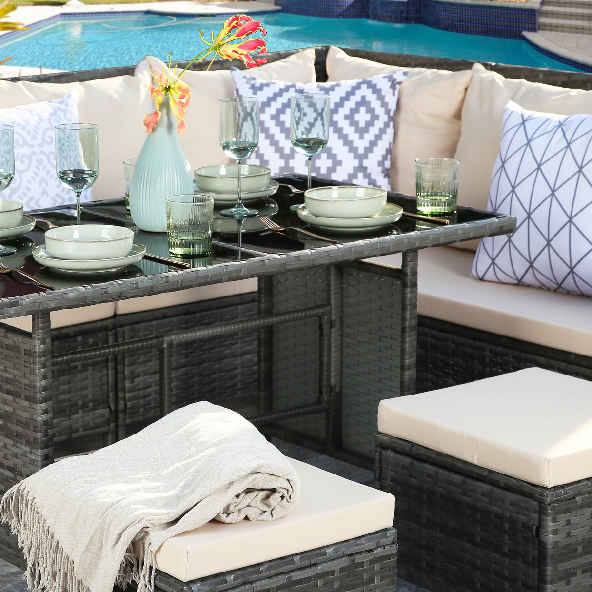 Thalia - Garden Corner Sofa Set with Cushions - 9 Seater Rattan Dining Set. Grey with beige cushions