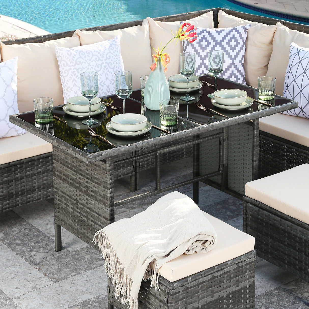 Thalia - Garden Corner Sofa Set with Cushions - 9 Seater Rattan Dining Set. Grey with beige cushions