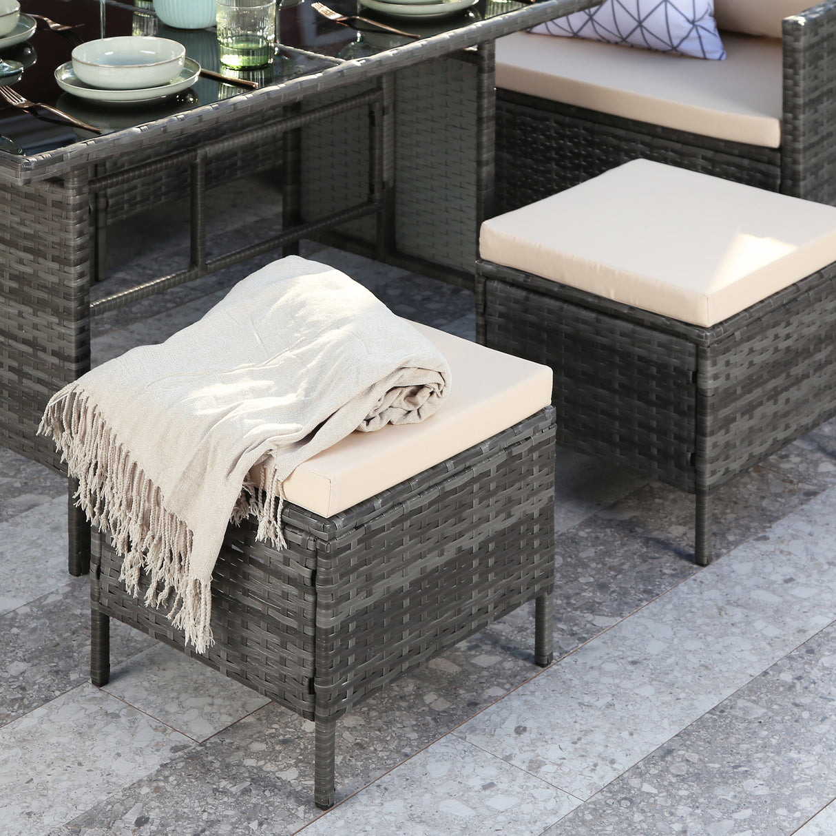 Thalia - Garden Corner Sofa Set with Cushions - 9 Seater Rattan Dining Set. Grey with beige cushions