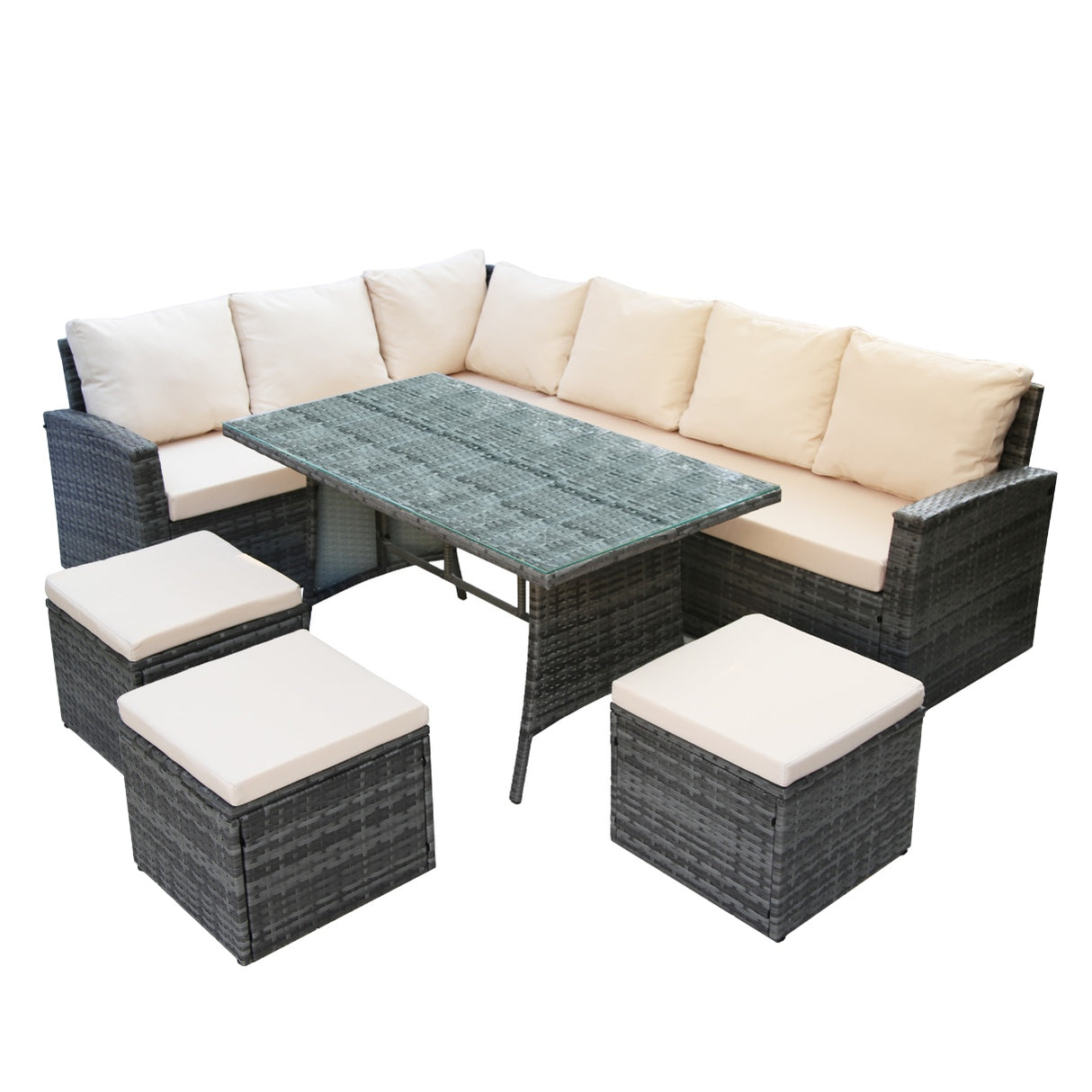 Pelias - Rattan Corner Sofa & Dining Set - 9 Seater. Grey with beige cushions