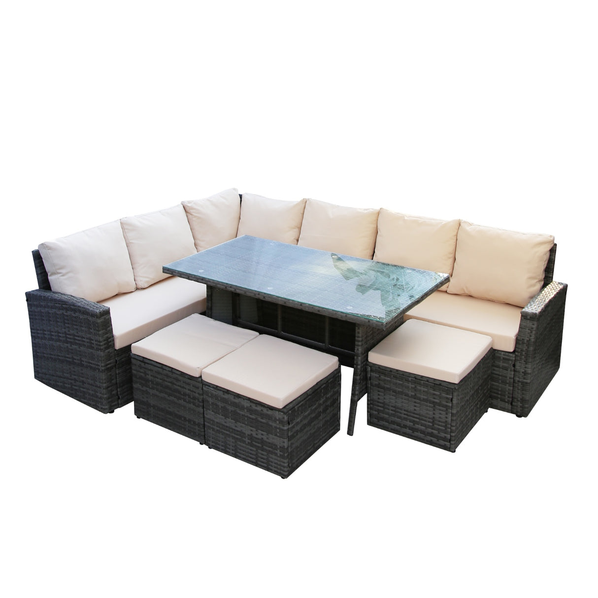 Pelias - Rattan Corner Sofa & Dining Set - 9 Seater. Grey with beige cushions