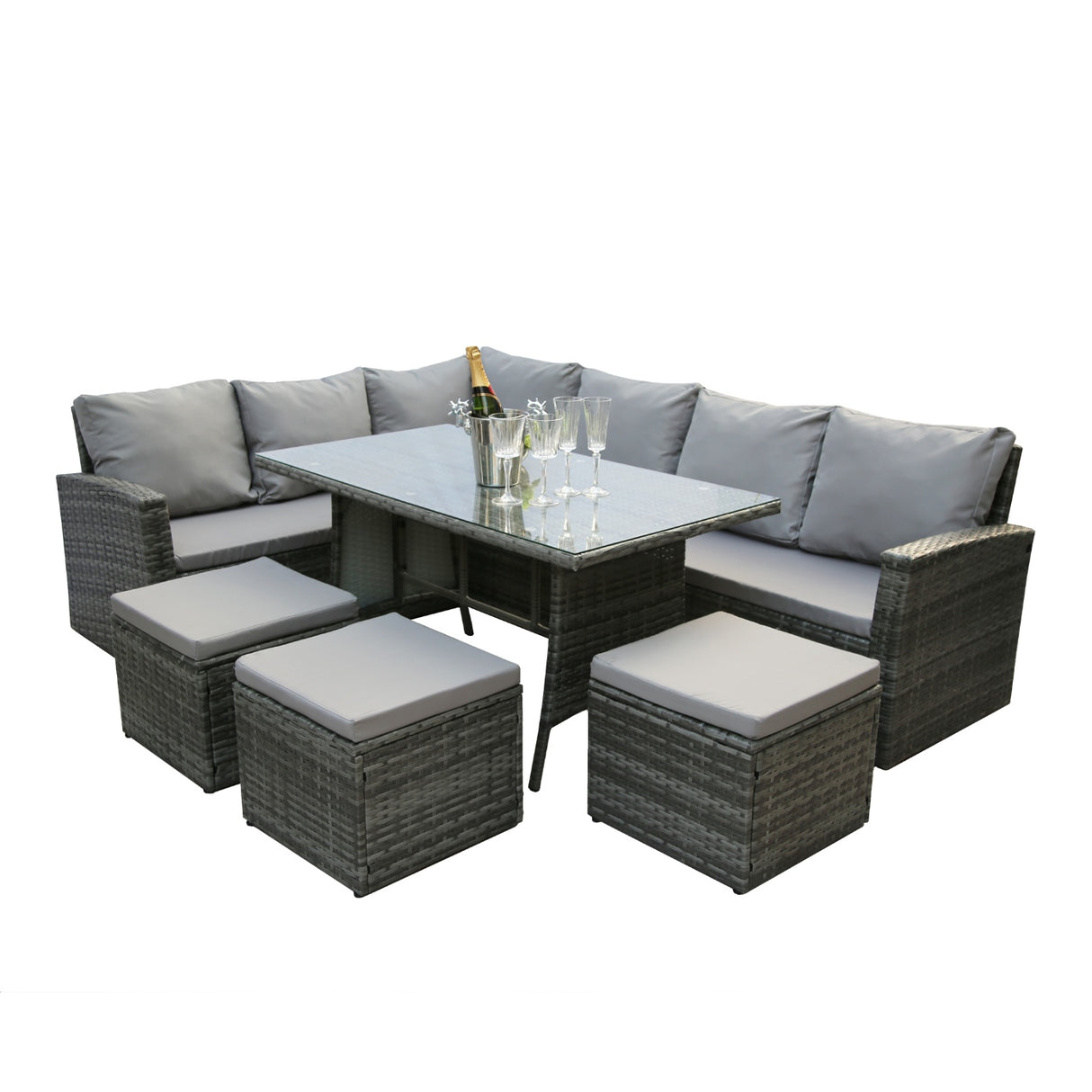 Pelias - Rattan Corner Sofa & Dining Set - 9 Seater. Grey with grey cushions