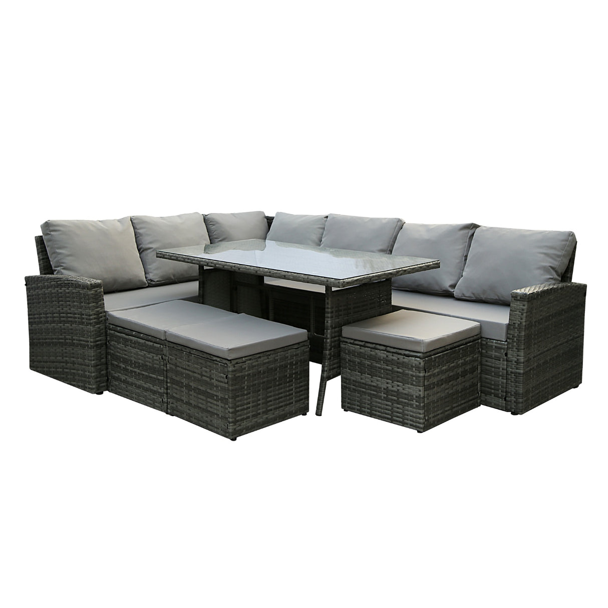 Pelias - Rattan Corner Sofa & Dining Set - 9 Seater. Grey with grey cushions
