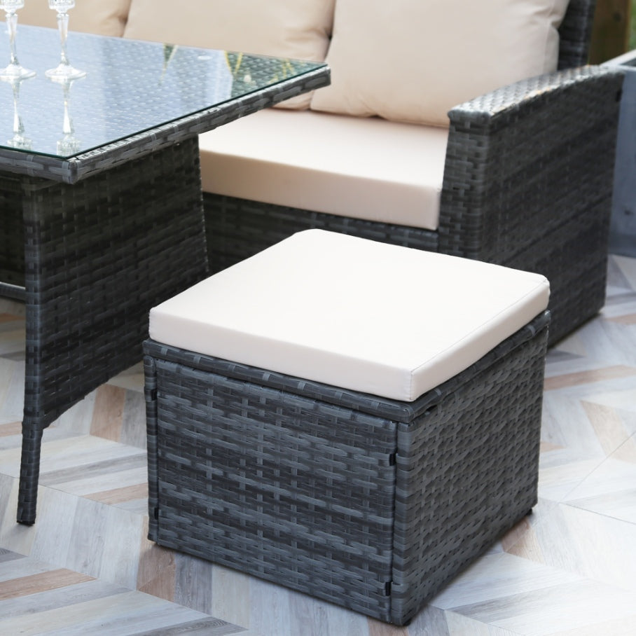 Pelias - Rattan Corner Sofa & Dining Set - 9 Seater. Grey with beige cushions