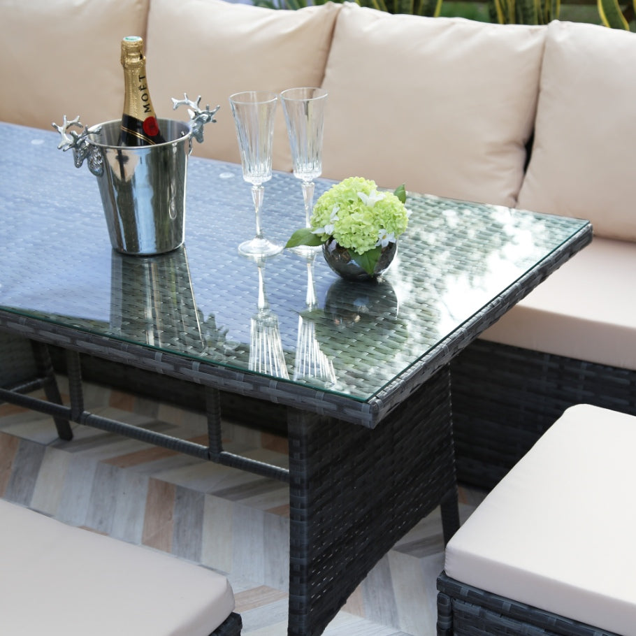 Pelias - Rattan Corner Sofa & Dining Set - 9 Seater. Grey with beige cushions