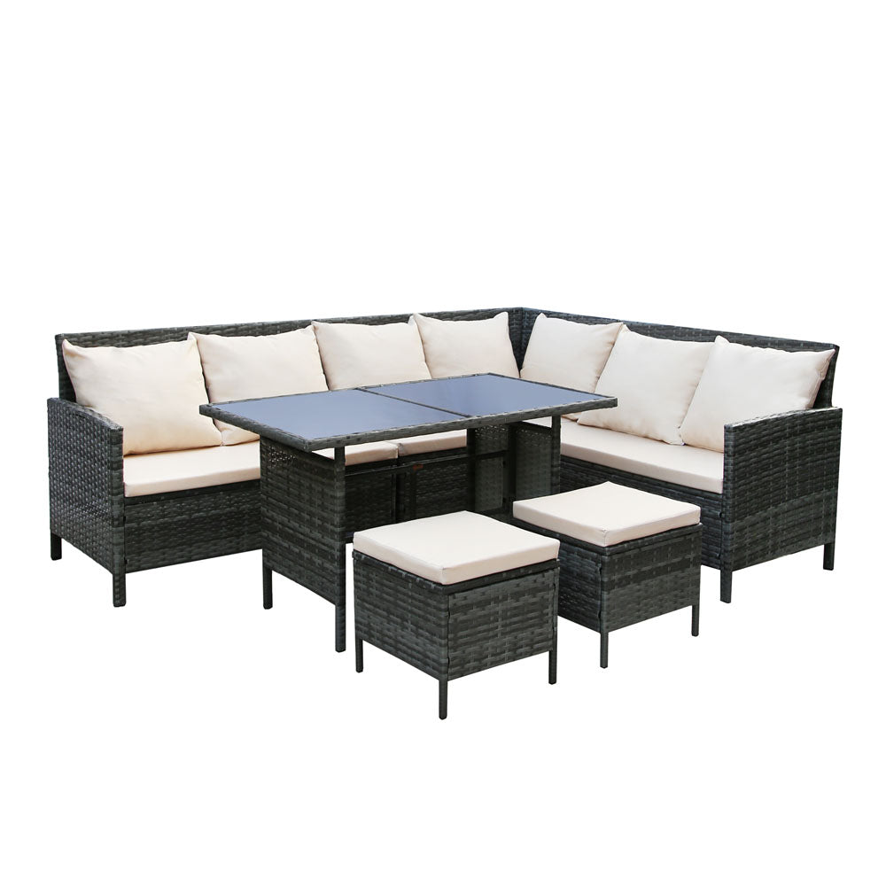 Thalia - Garden Corner Sofa Set with Cushions - 9 Seater Rattan Dining Set. Grey with beige cushions