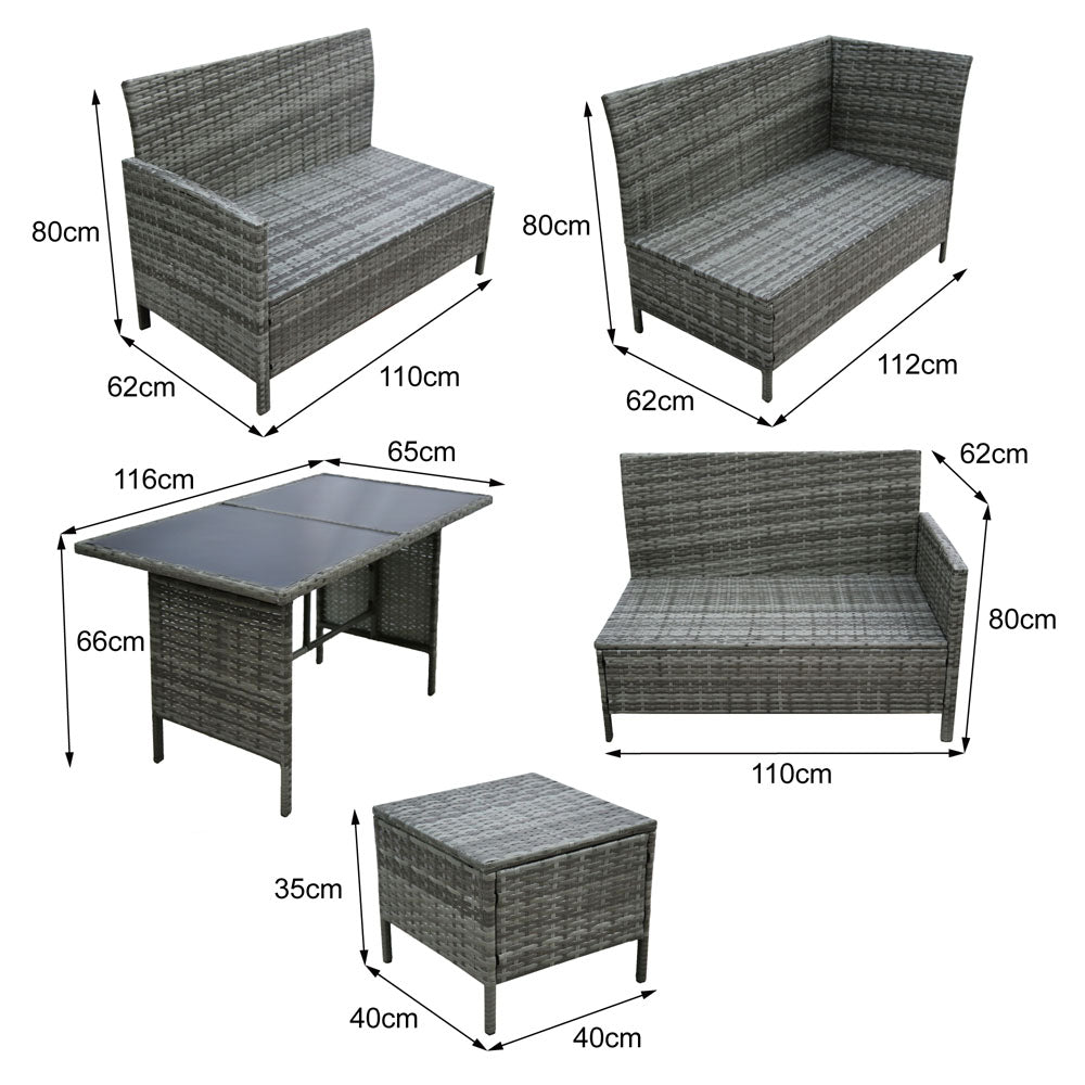 Thalia - Garden Corner Sofa Set with Cushions - 9 Seater Rattan Dining Set. Grey rattan set dimensions