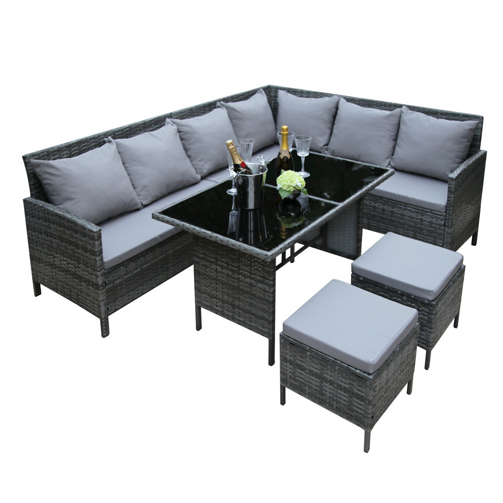 Thalia - Garden Corner Sofa Set with Cushions - 9 Seater Rattan Dining Set. Grey with grey cushions