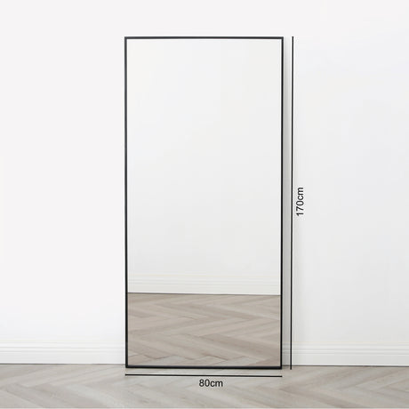 Anax Black Frame rectangular Mirror standing on white background with dimensions marked