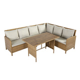 Alia Rattan Garden Corner 6 Seater Outdoor Dining Sofa Set with Polywood Table - Brown