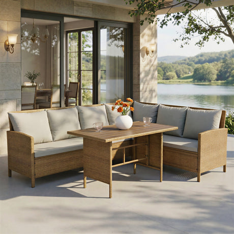 Alia Rattan Garden Corner 6 Seater Outdoor Dining Sofa Set with Polywood Table - Brown