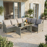 Alia Rattan Garden Corner 6 Seater Outdoor Sofa Dining Set with Glass Table - Natural Brown
