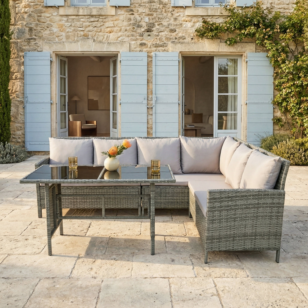 Alia Rattan Garden Corner 6 Seater Outdoor Sofa Dining Set with Glass Table - Natural Brown