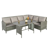 Alia Rattan Garden Corner 6 Seater Outdoor Sofa Dining Set with Glass Table - Natural Brown