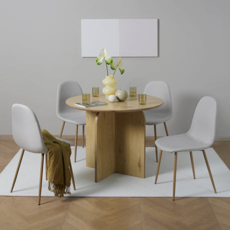 NYX Dining Set – Round Table in Wood Effect and x4 Linen Chairs